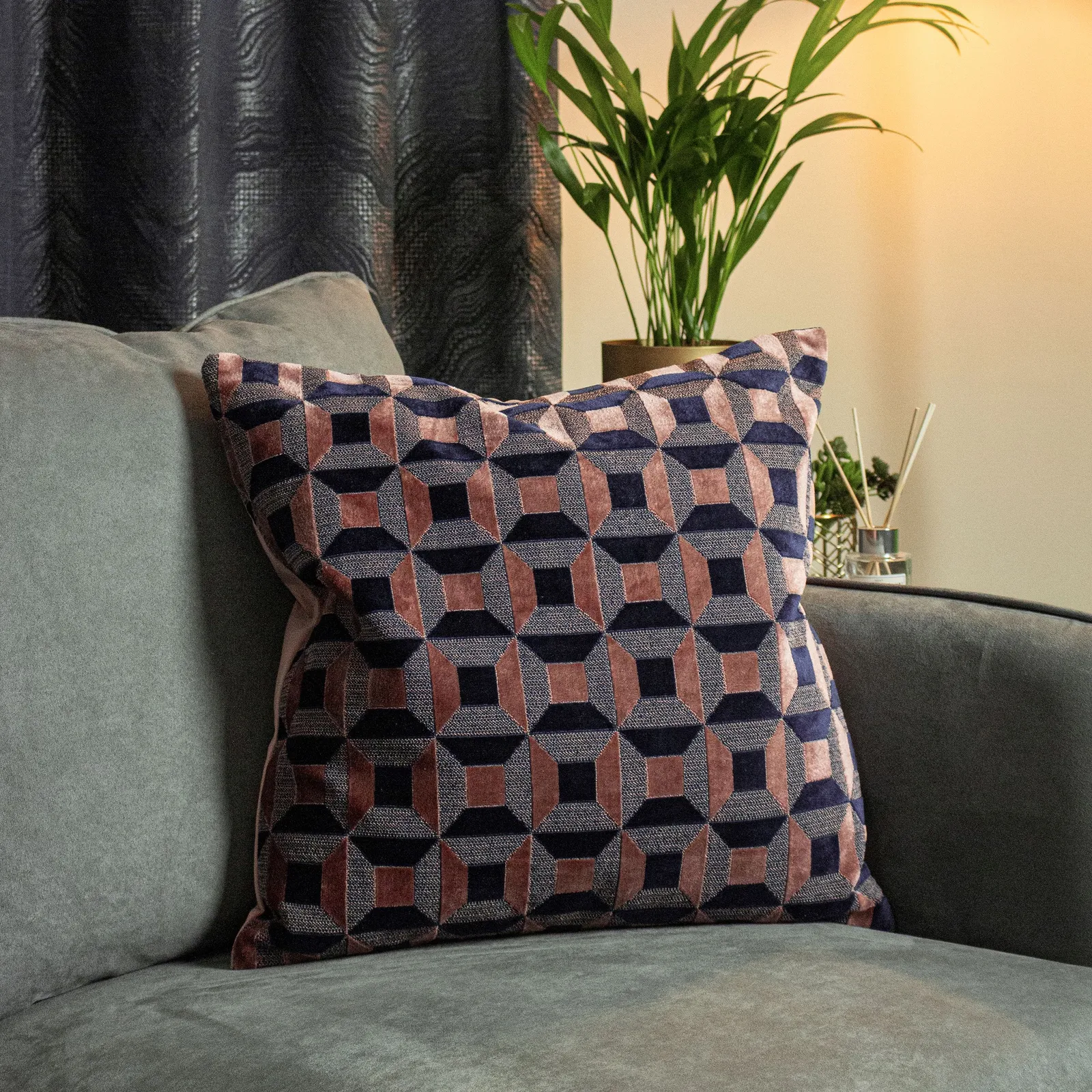 Paoletti Empire Velvet Jacquard Geometric Cushion in Pink 1