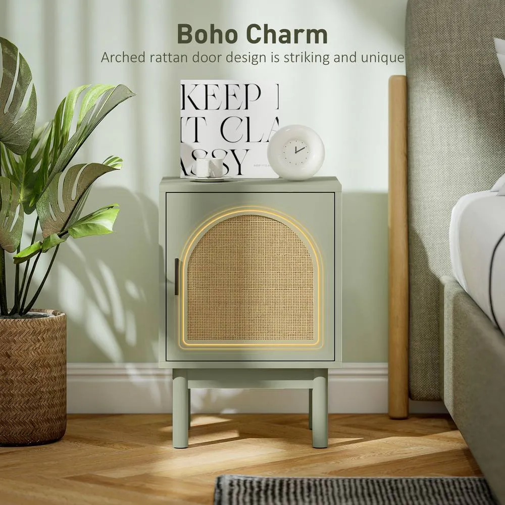 HOMCOM 2-Piece Rattan Bedside Table Set, Boho Cabinet, Light Green 5