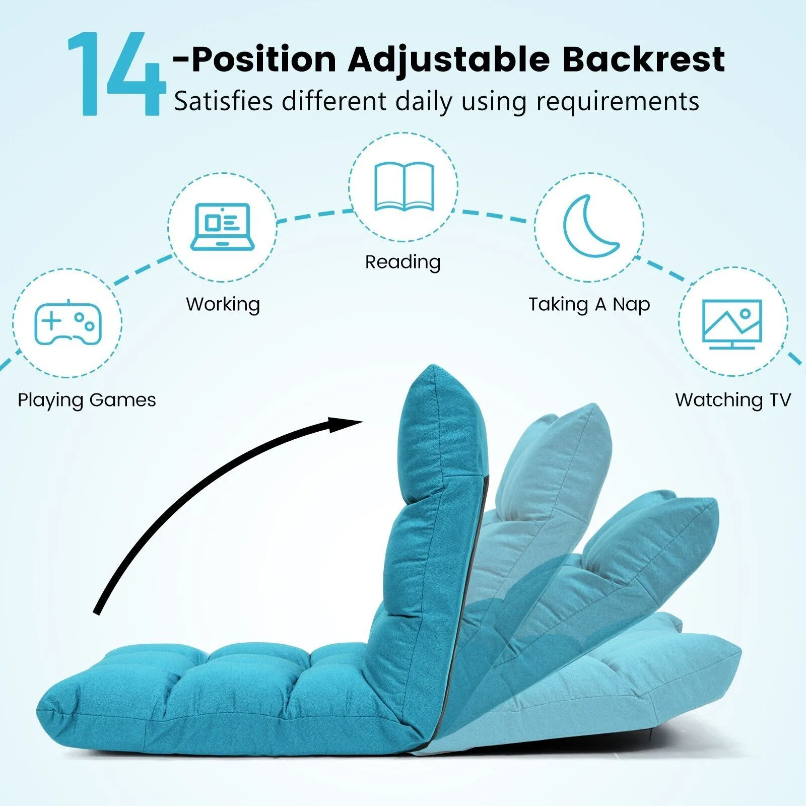Costway 14 Position Adjustable Floor Chair Padded Gaming Sofa Recliner Lounger in Light Blue 4