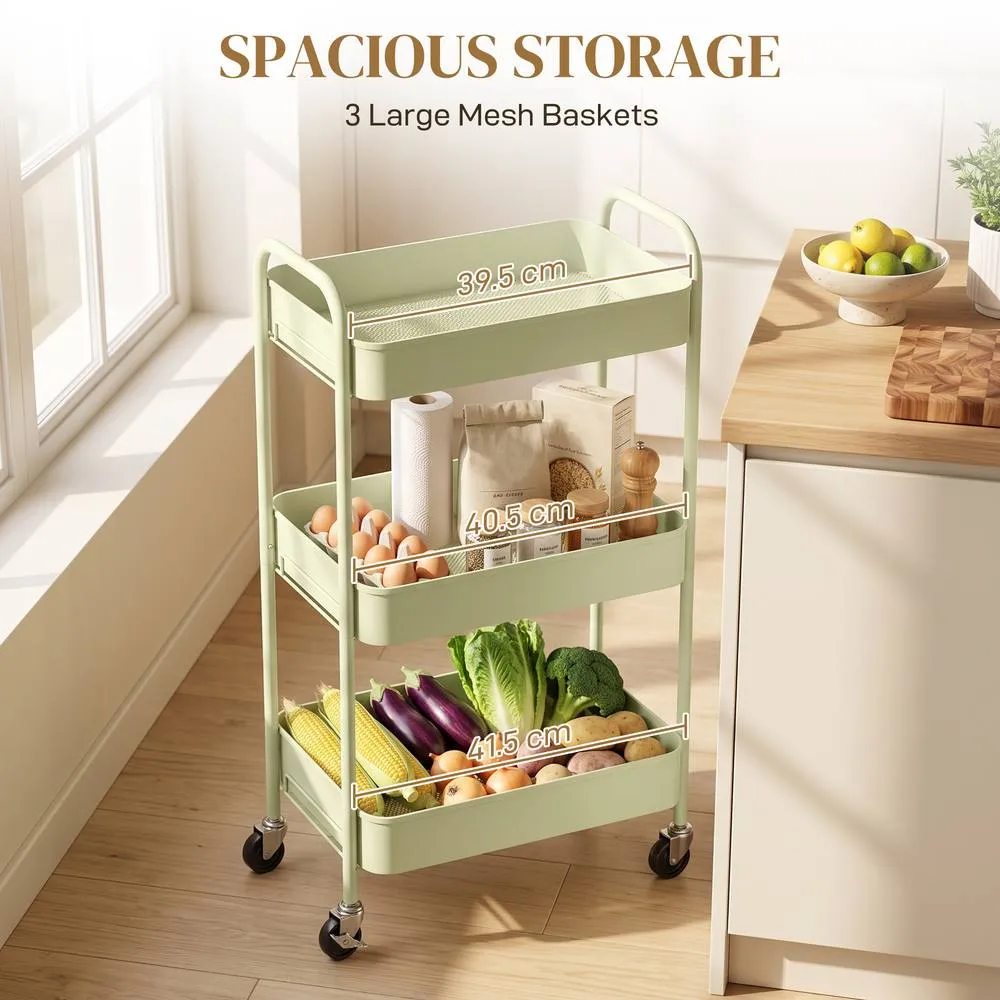 HOMCOM 3 Tier Rolling Utility Cart with 3 Mesh Basket, Green 4