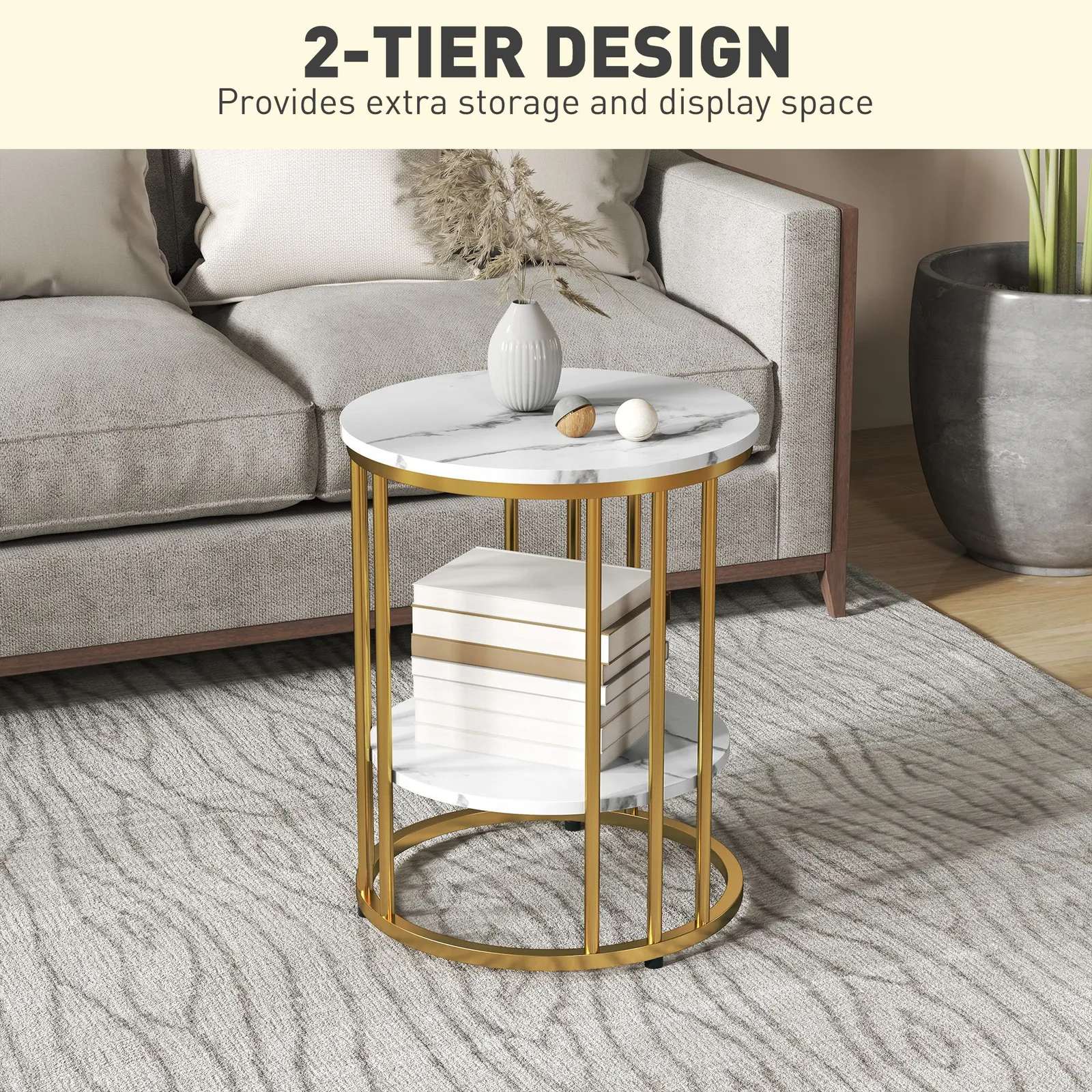 HOMCOM Marble-Effect Round Coffee Table Set of 2 for Living Room, Gold Tone 5