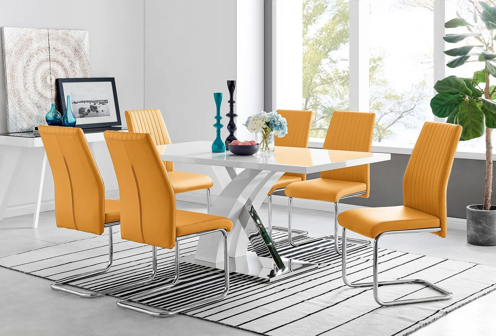 FurnitureboxUK Atlanta Modern Rectangle Chrome Metal High Gloss White Dining Table & 6 Lorenzo Chairs Set in Mustard 1