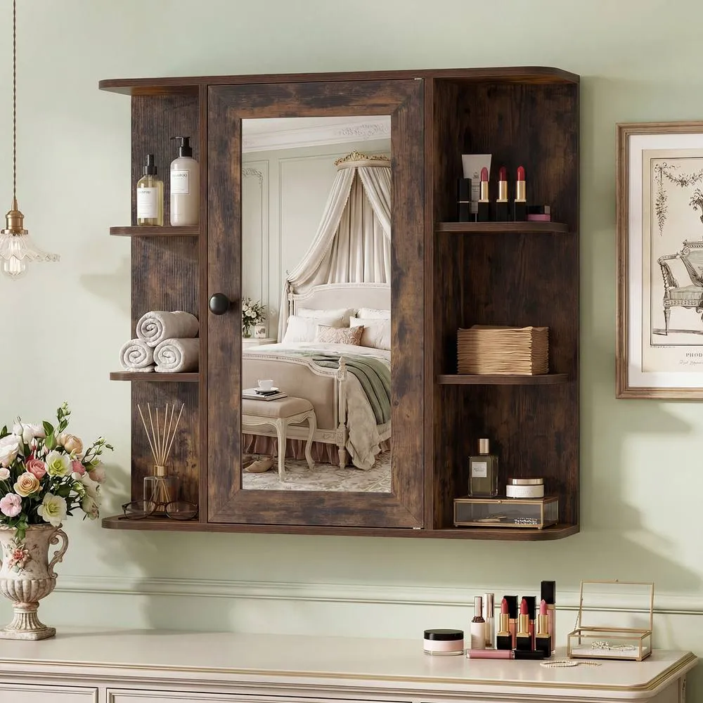 Costway Bathroom Wall Cabinet Modern Wall Mounted Medicine Cabinet with Mirror in Brown 4