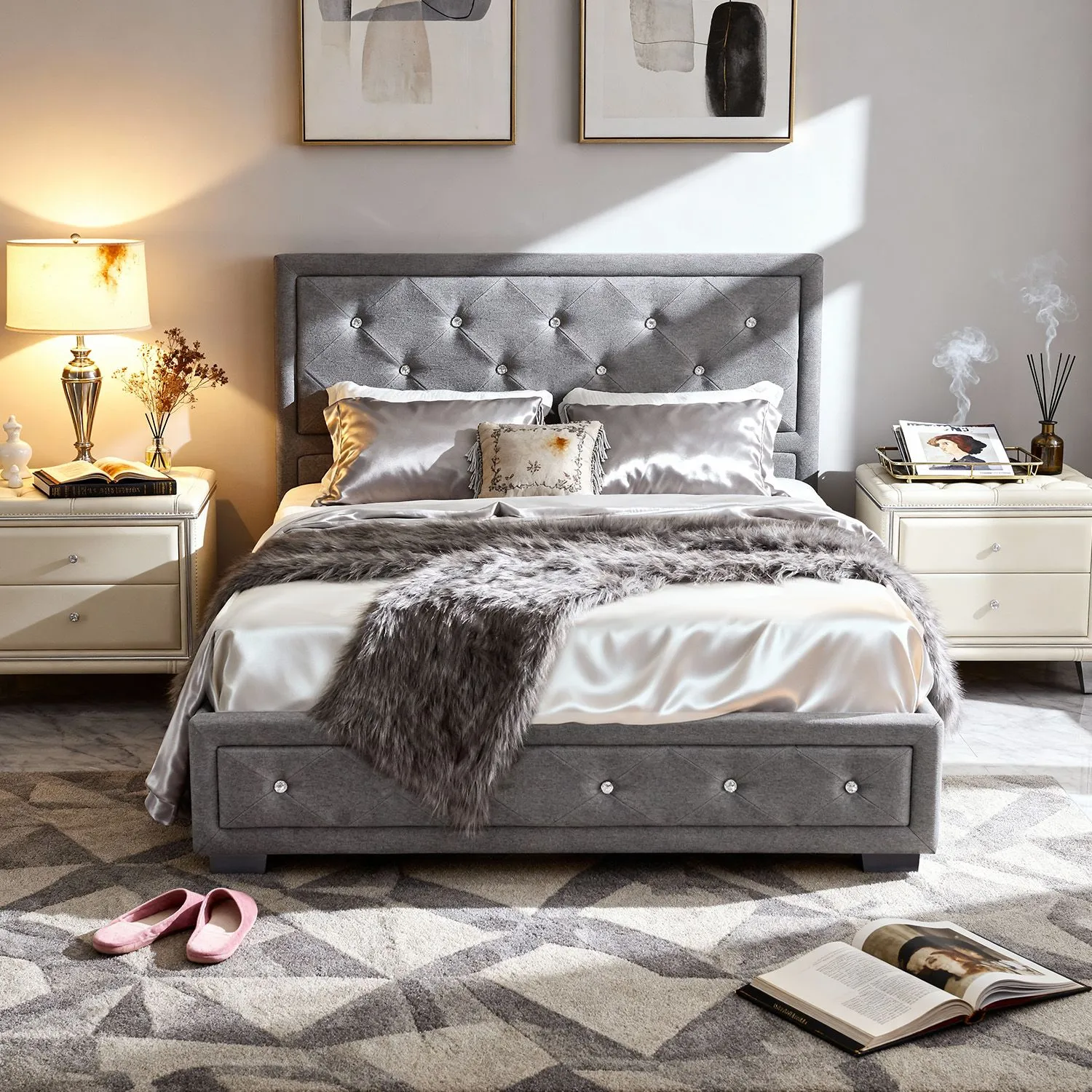 Comfy Living Ltd Grey Fabric Diamante Ottoman Bed Frame 2