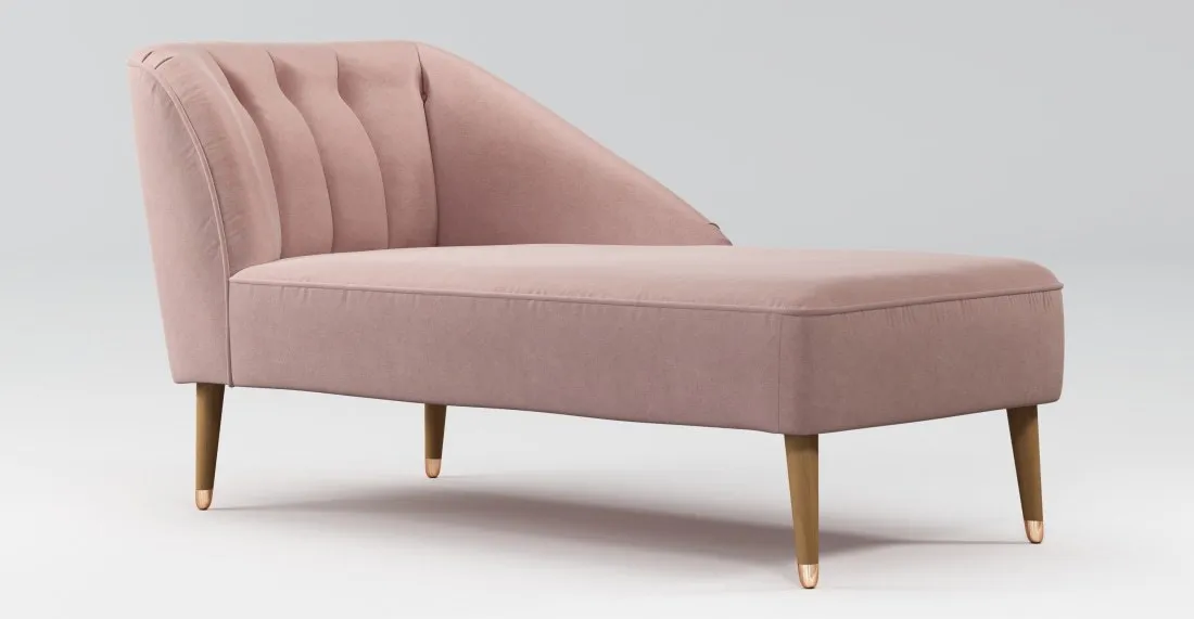 Custom MADE Margot Right Hand Facing Chaise, Pink Cotton Velvet, Light Wood Copper Leg