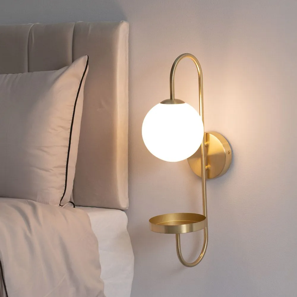 ValueLights Milo Frosted Glass Globe Shade Curved Wall Light with Shelf in Gold