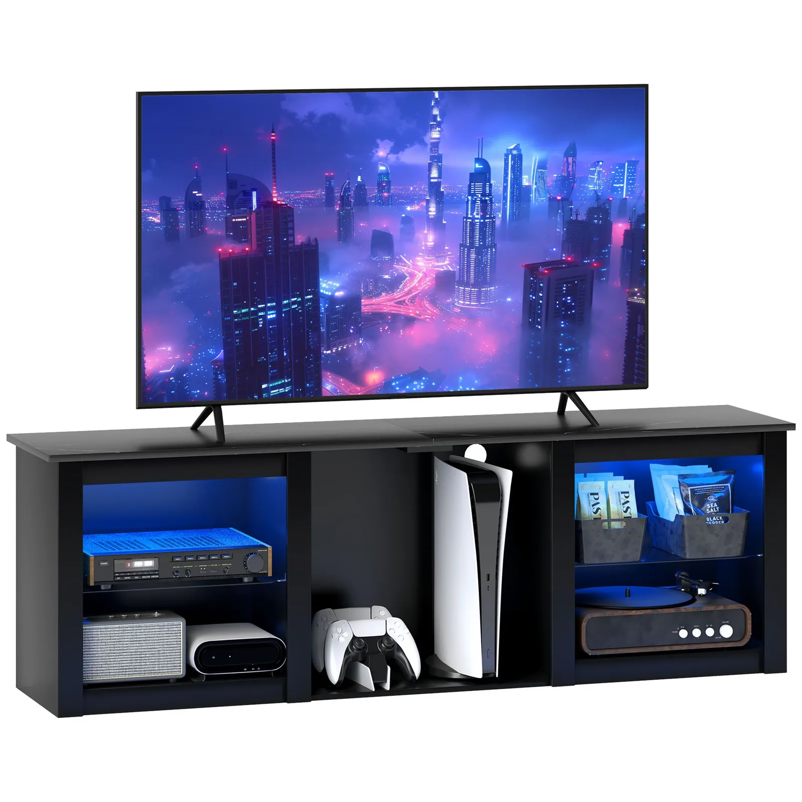 HOMCOM 160cm TV Unit w/ LED Lights for 70" TV Modern TV Stand Cabinet Black 2