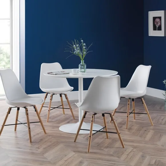 Blanco 4 Seater Round Pedestal Dining Table with 4 Kari Chairs, White
