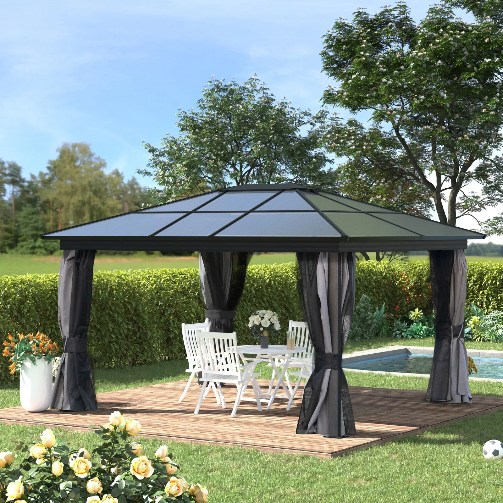 OUTSUNNY Hardtop Gazebo Canopy with Mosquito Netting & Curtains in Black
