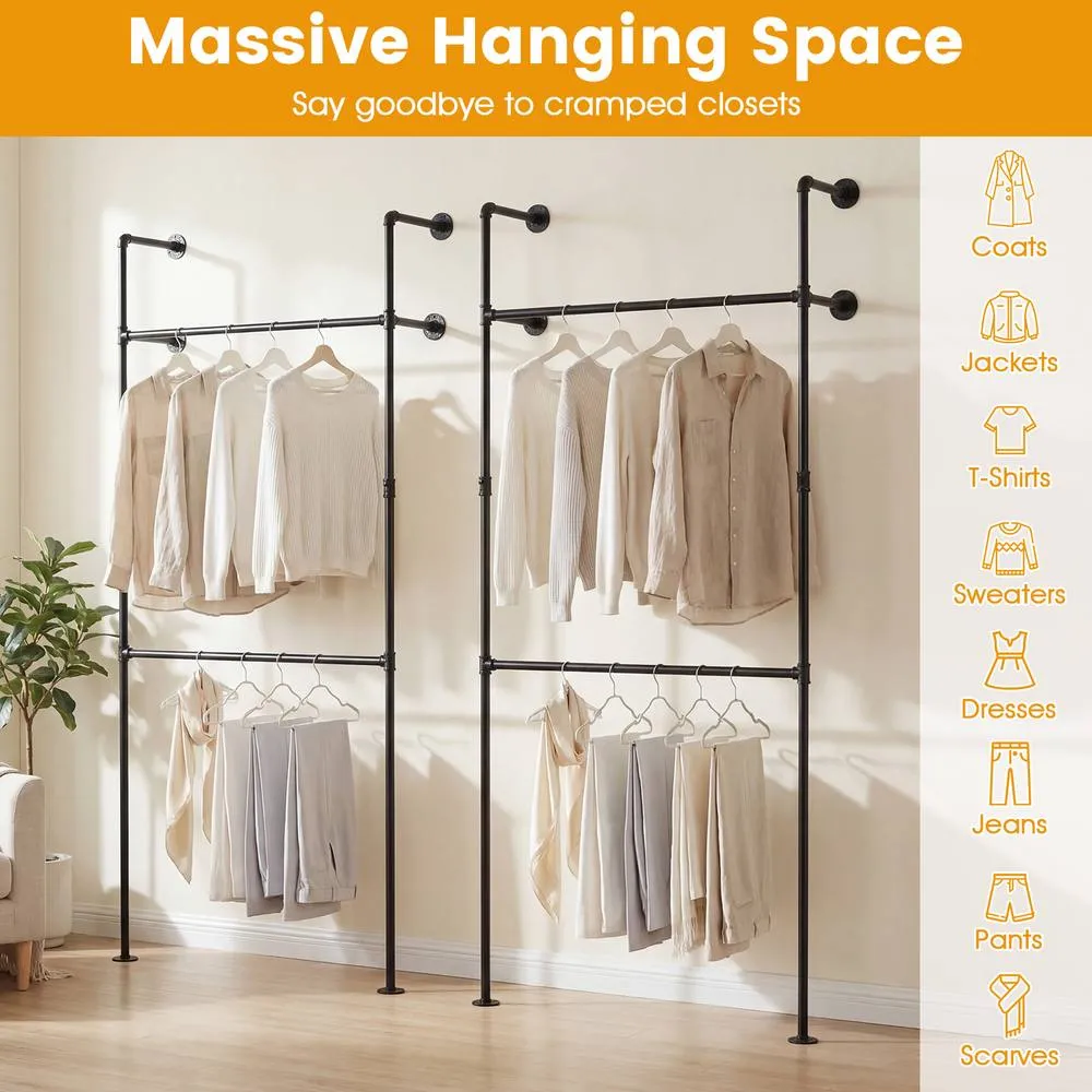 Costway Wall Mounted Industrial Pipe Garment Organizer in Black 6