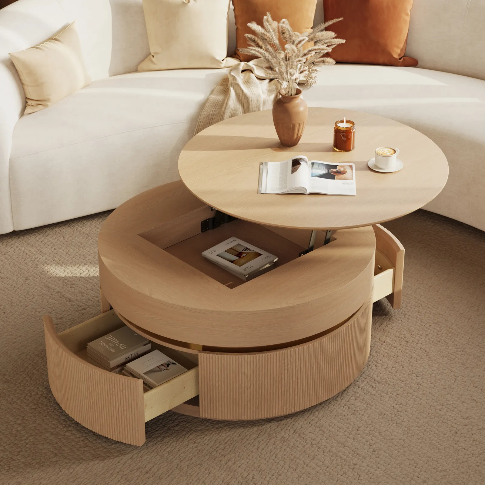 81 cm Fluted Lift-Top Round Coffee Table with 2 Drawers