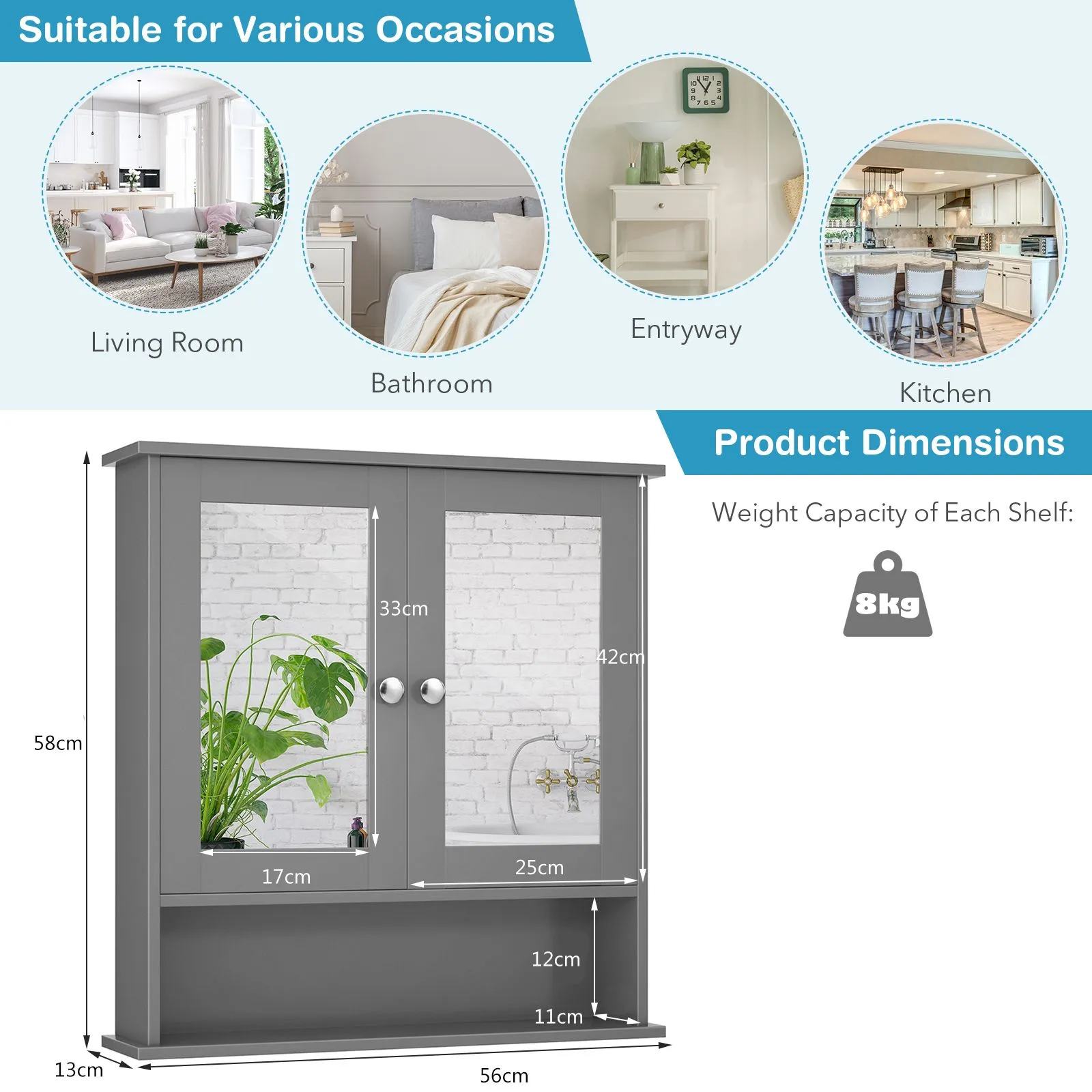Costway Wall Mounted Bathroom Mirror Cabinet Wooden Storage Cupboard Medicine Organizer in Grey 2