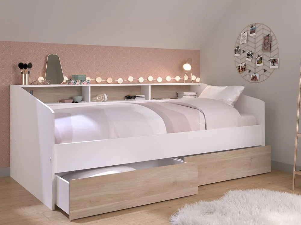 Vente-unique Bed 90 X 190/200 Cm With Storage - White & Natural + Bed Base in Light Oak 3