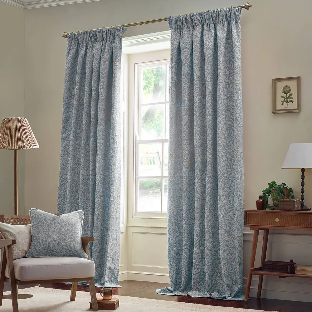 Morris & Co Acorn Tonal Fully Lined Matt Jacquard Pencil Pleat Curtains in Baby Blue 2