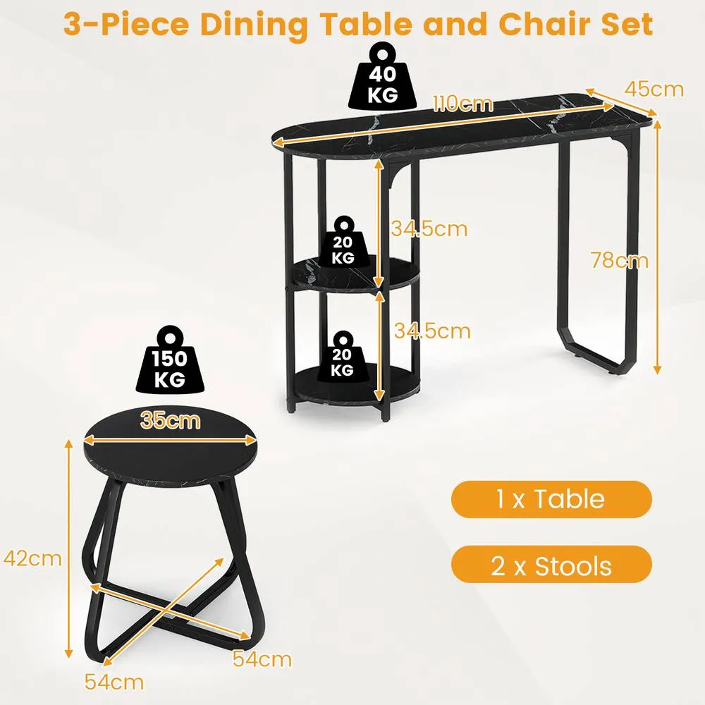 Costway Table & 2 Bar Stools Set Table w/ 2 Shelves Stools Kitchen Bar Unit in Black 2