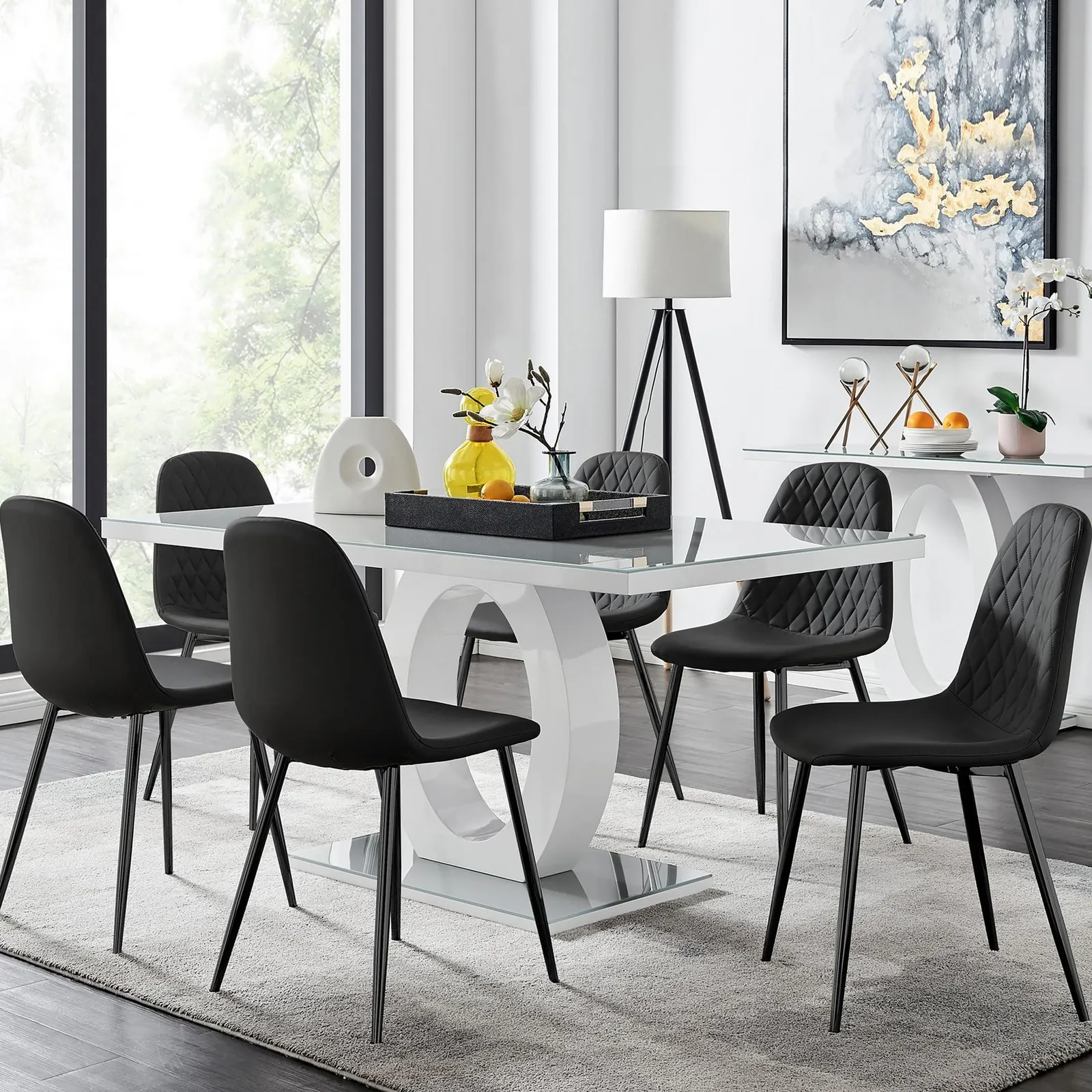 FurnitureboxUK Giovani 6-Seater Grey Glass Dining Table & 6 Corona Faux Leather Dining Chairs in Black