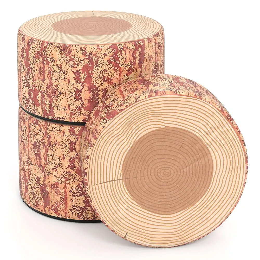 Gymax Tree Stump Stool Set Floor Cushions Ottomans With Different Heights in Light Brown