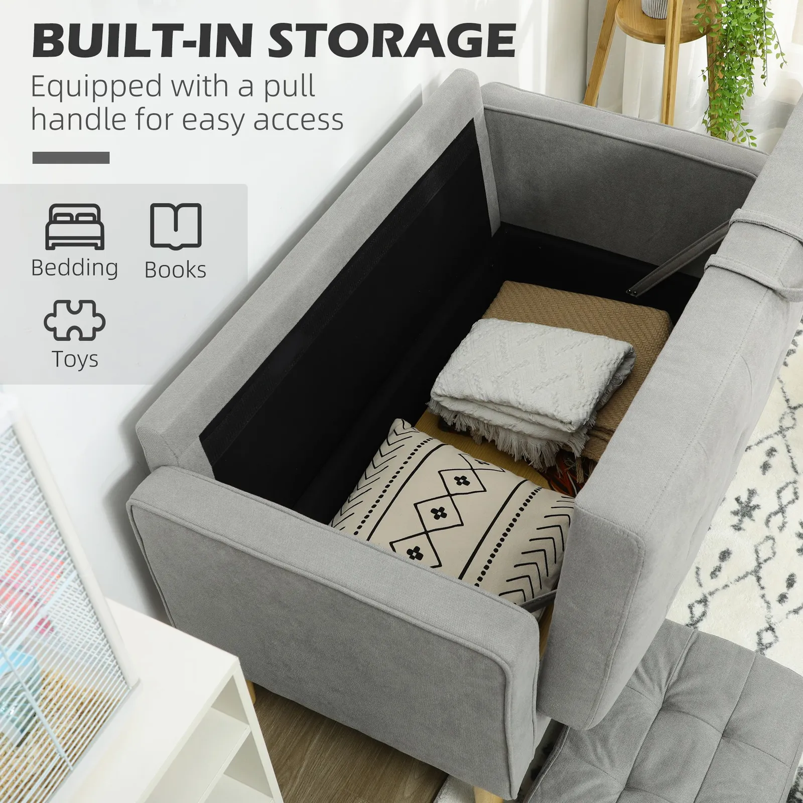 HOMCOM Compact Loveseat Sofa 2 Seater Sofa with Storage & Wood Legs in Light Grey 4