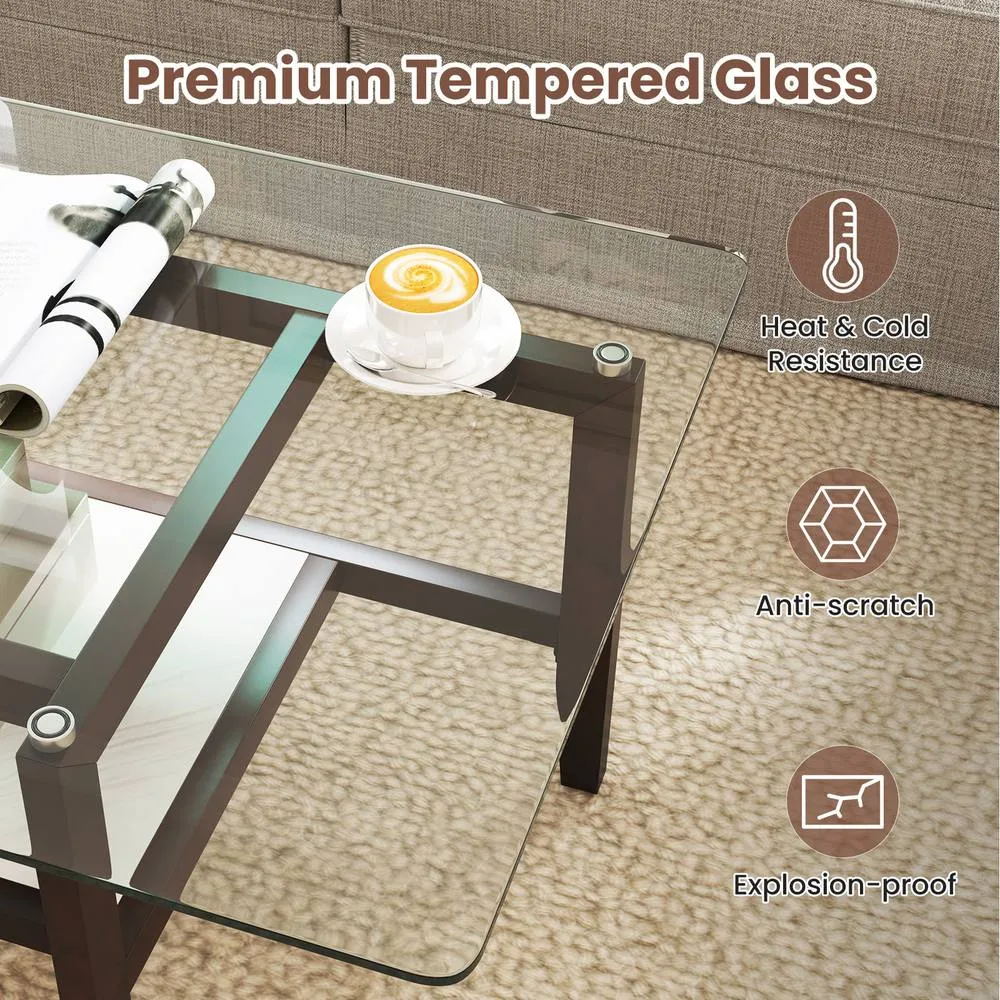 Costway Glass Coffee Table 2-Tier Coffee Table with Storage Shelf-Brown in Brown 2