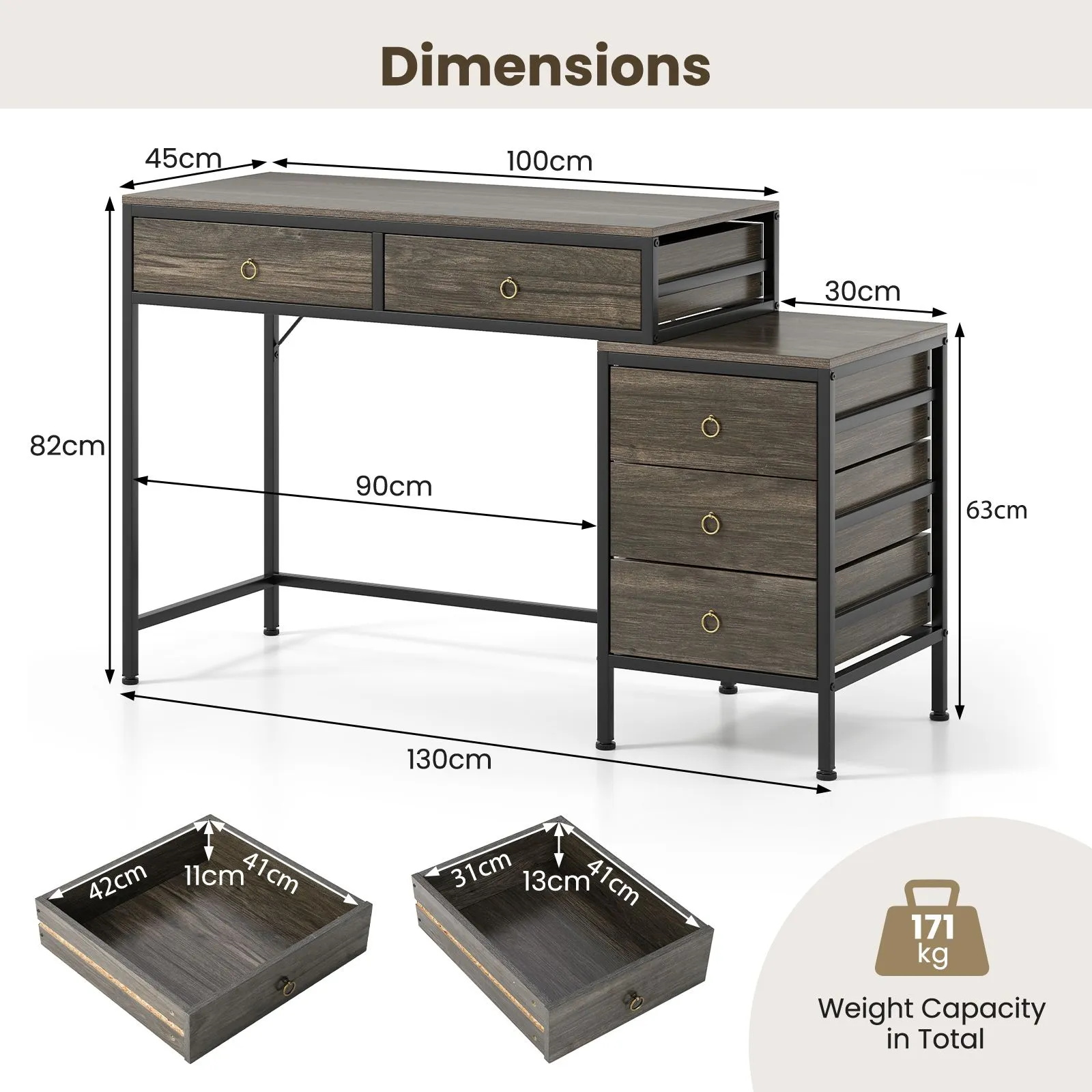 Costway Computer Desk Home Office Desk w/ Side File Cabinet & 5 Drawers in Grey 2