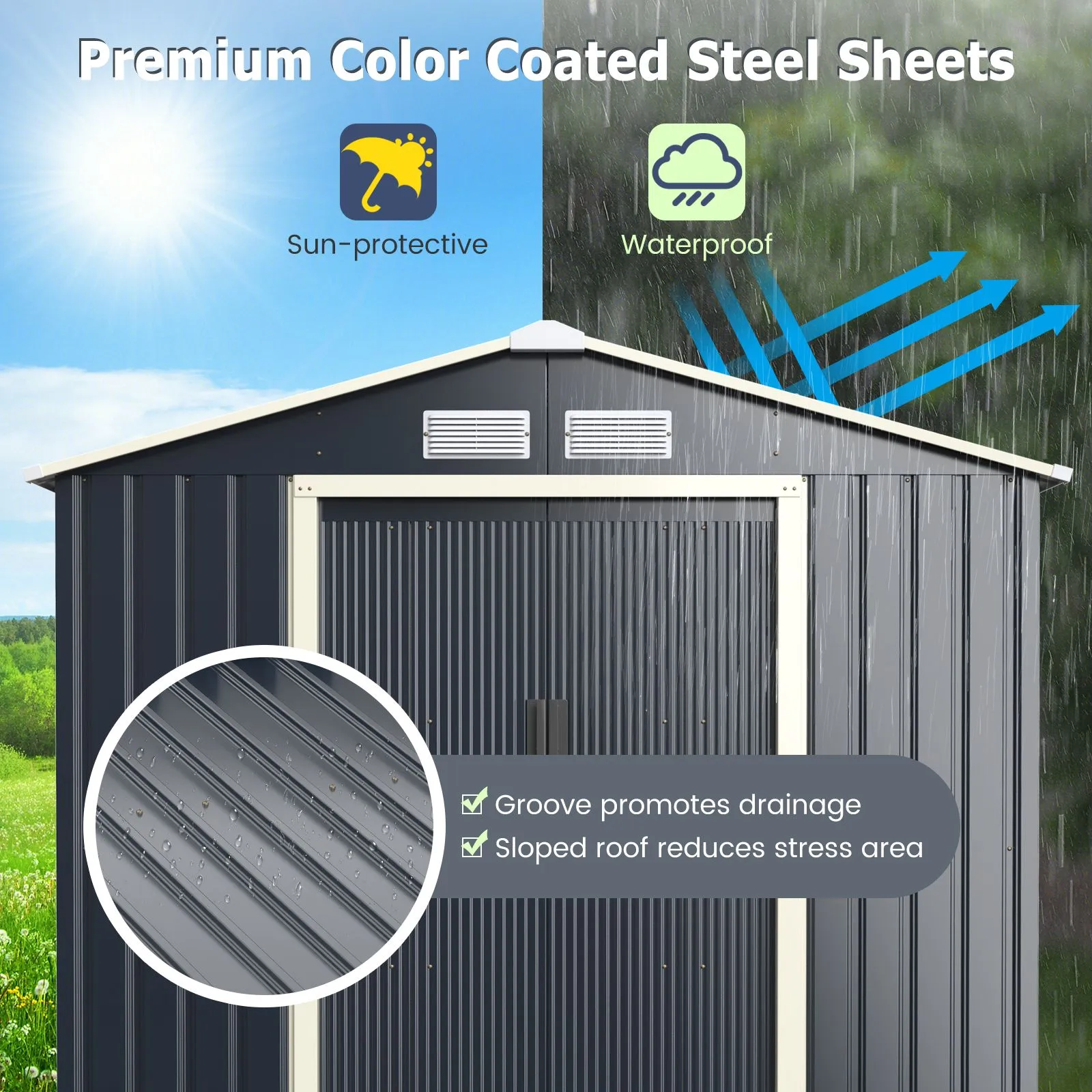 Costway 7 x 4FT Metal Garden Storage Shed Galvanized Tool Storage House w/ Lockable Doors in Grey 5