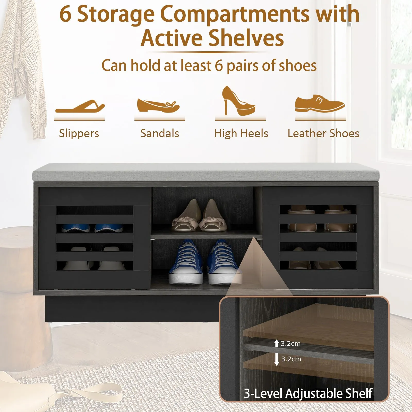 Costway Shoe Rack Storage Bench Organizer W/Cushion Adjustable Shelf Slide Door Grey 5