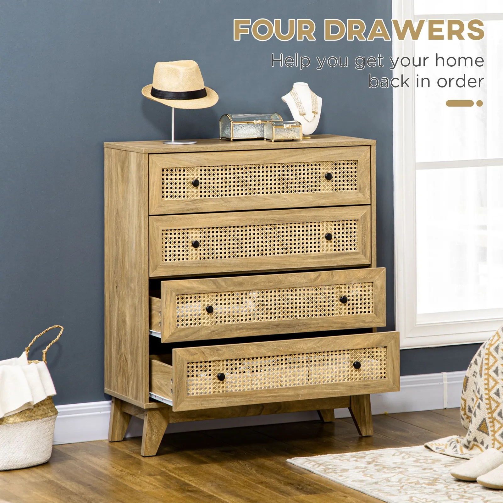 HOMCOM Chest of Drawers, 4 Drawer Unit Storage Organiser with Rattan Element in Light Brown 6