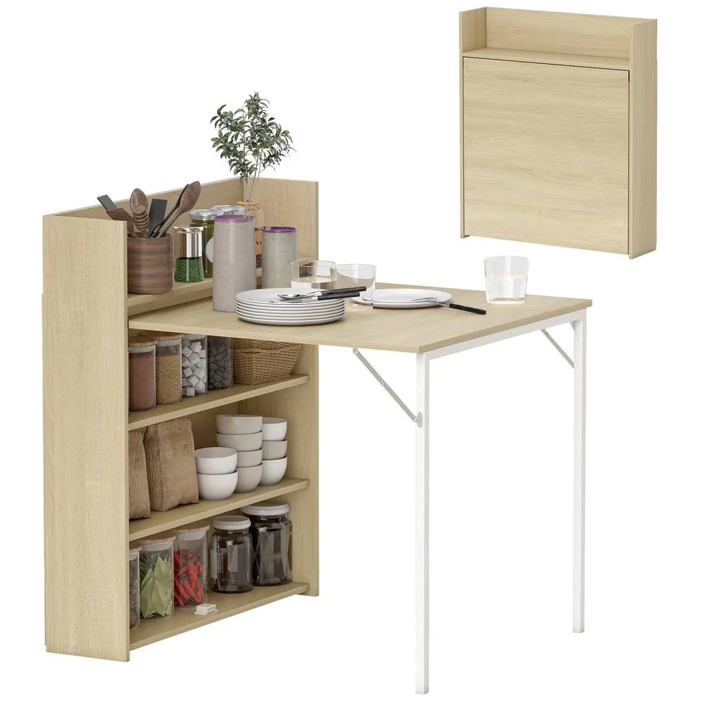 HOMCOM Folding Dining Table, Kitchen Table with Shelves Oak Wood Effect in Light Oak 2