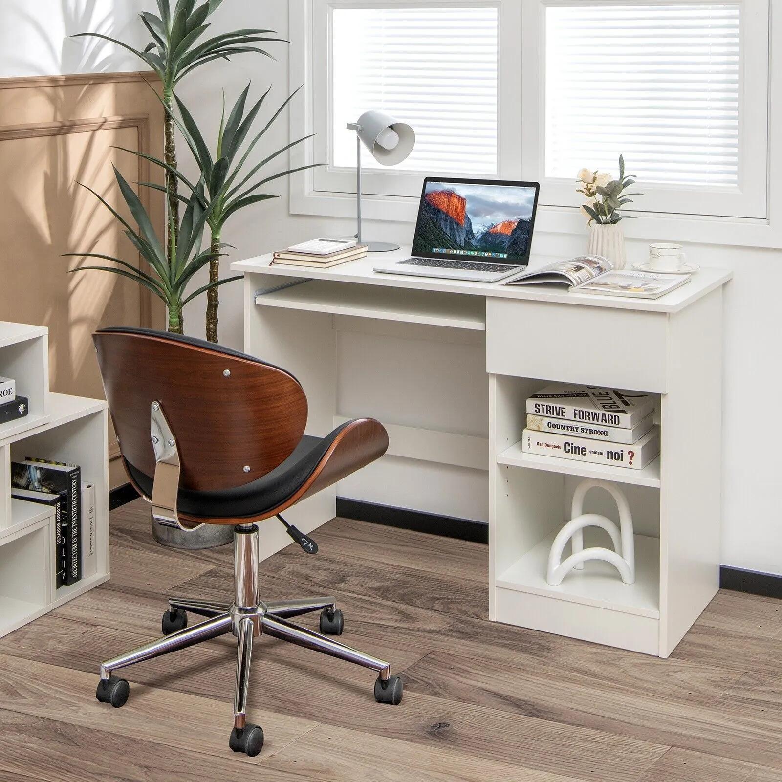 Costway Modern Computer Desk Workstation PC Laptop Table w/ Keyboard Tray & Drawer in White 3