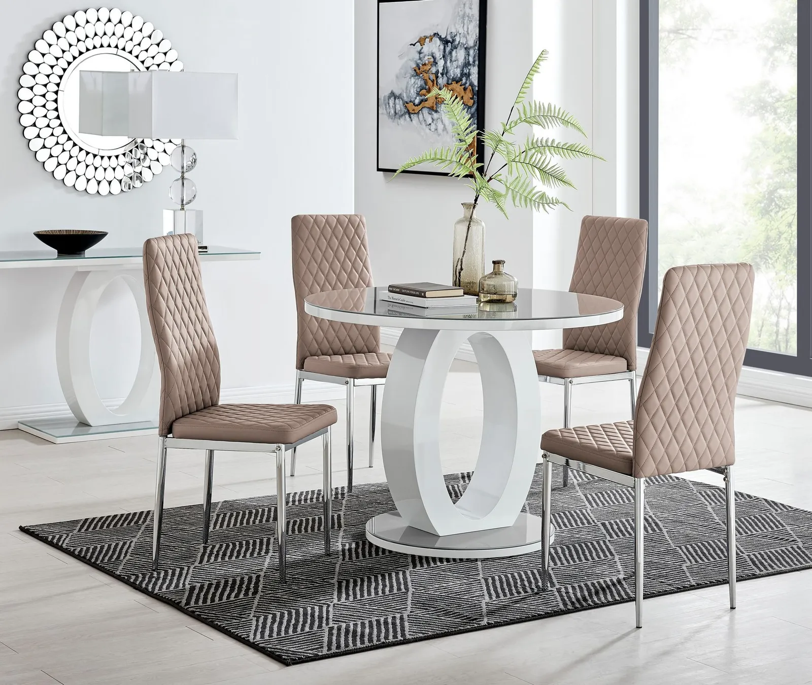 FurnitureboxUK Giovani Round 4 Seat 100cm White High Gloss Halo Base Grey Glass Top Dining Table 4 Soft Faux Leather Silver Leg Milan Chairs in Beige 1
