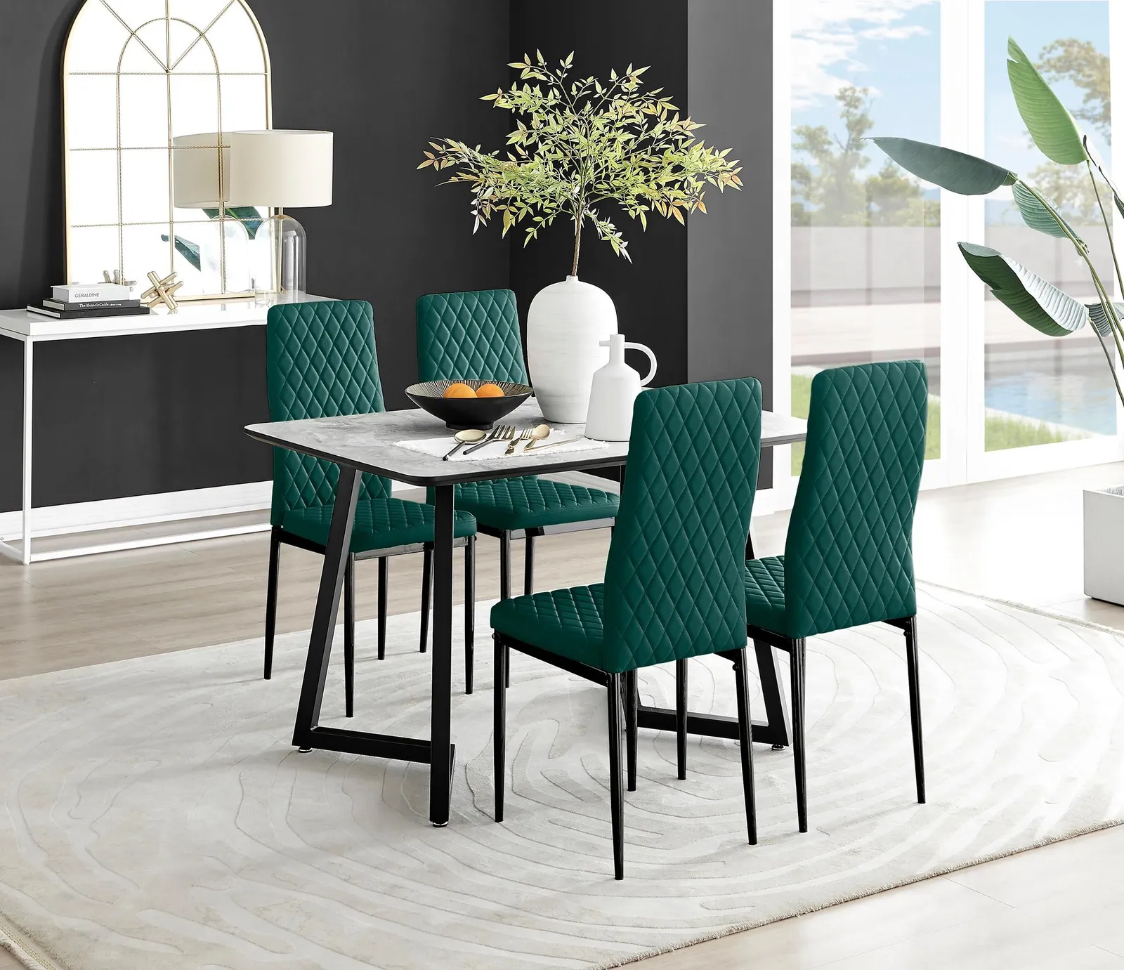 FurnitureboxUK Carson White Marble Effect Dining Table & 4 Velvet Milan Black Leg Chairs in Green 1