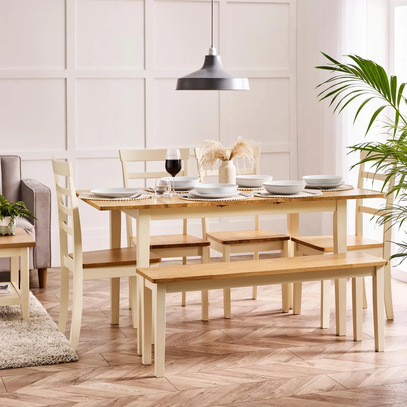 FurnitureboxUK Salcombe Extending Rectangular Wooden Table with 4 Whitby Chairs & 1 Large Bench in Cream