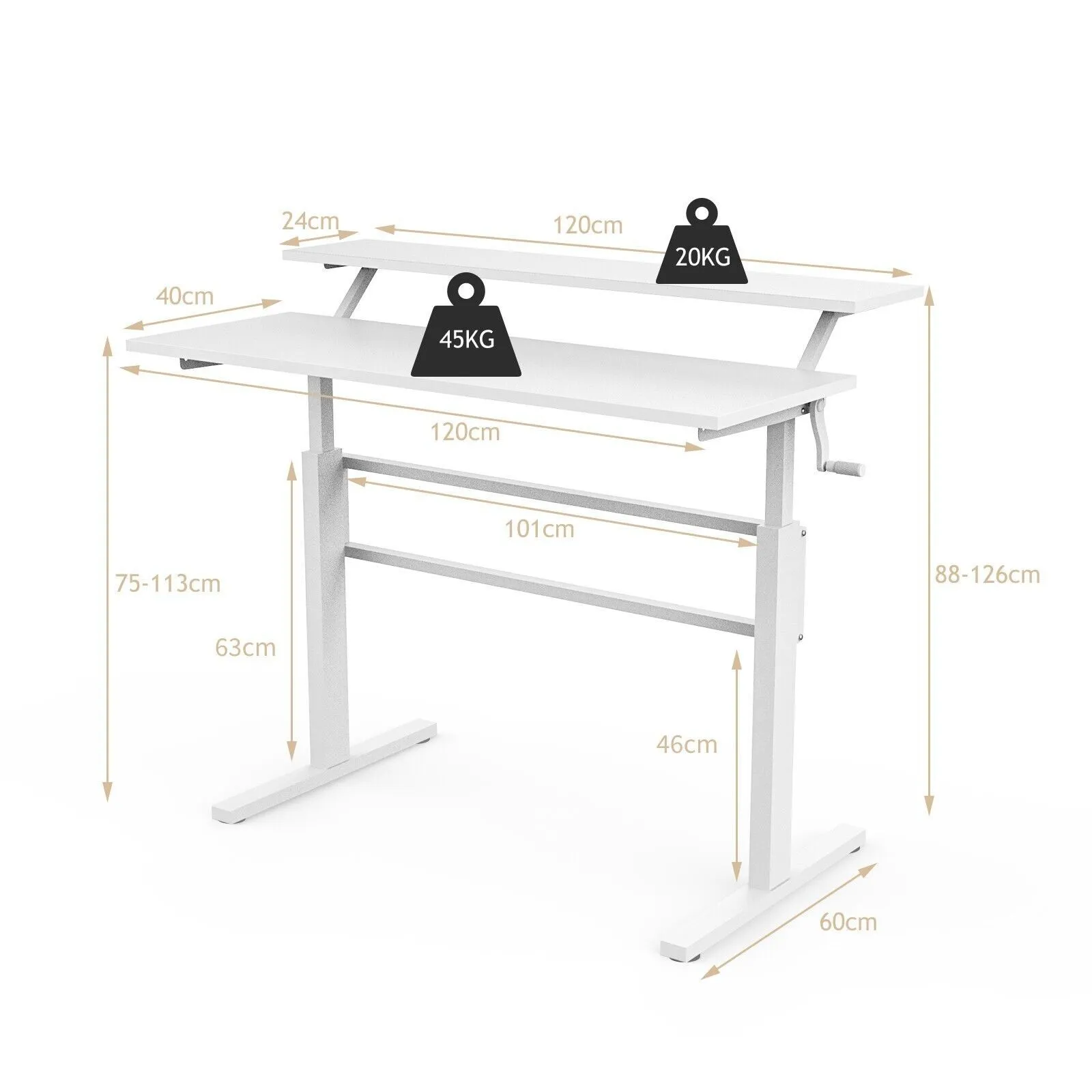 Costway 2-Tier Standing Computer Desk Sit to Stand Workstation Computer Table in White 3