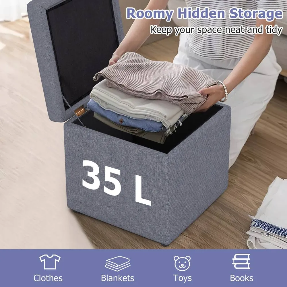 Costway Square Storage Ottoman Linen Fabric Upholstered Footstool in Grey 5
