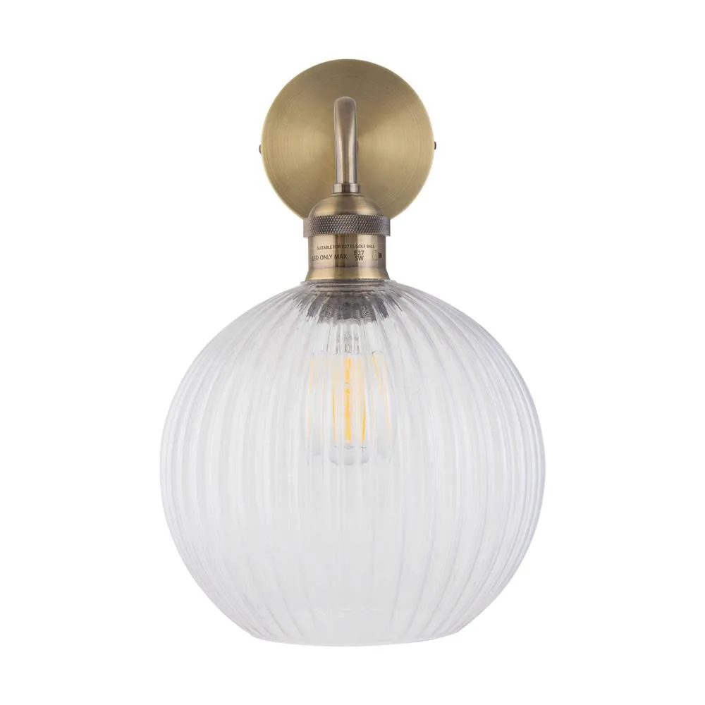 First Choice Lighting Isaac - Antique Brass Wall Light with Clear Ribbed Glass Shade in Gold 2