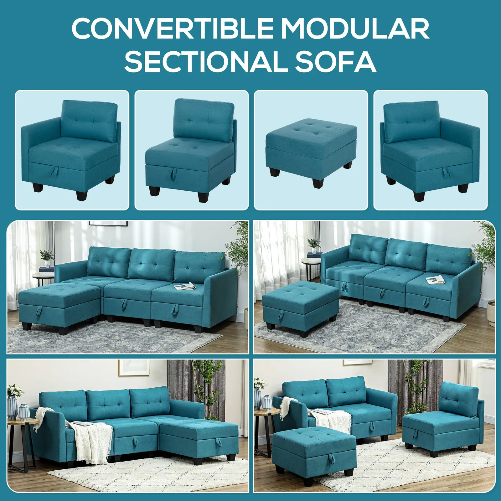 HOMCOM Convertible Modular Sectional Sofa w/ Storage Wood Frame Light Blue 4