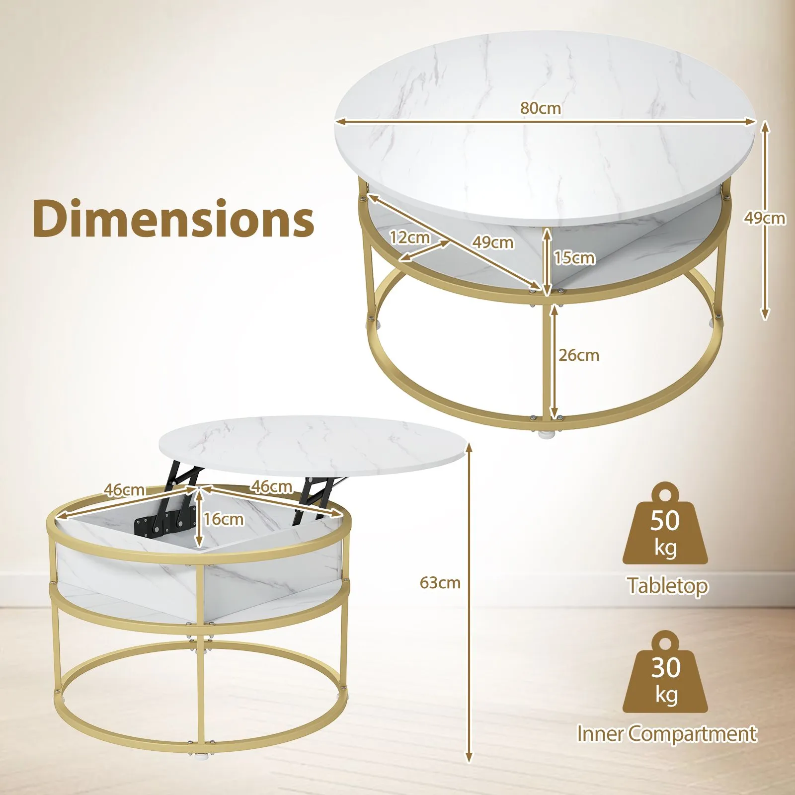Costway Lift Top Coffee Table 80cm Round Center Table with Side Shelves in White 2
