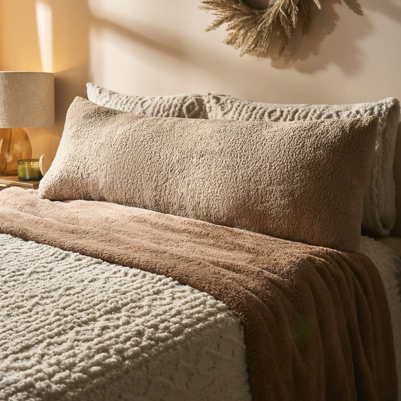 OHS Long Bolster Pillow Teddy Fleece Body Neck Pregnancy Support Cushion in Natural