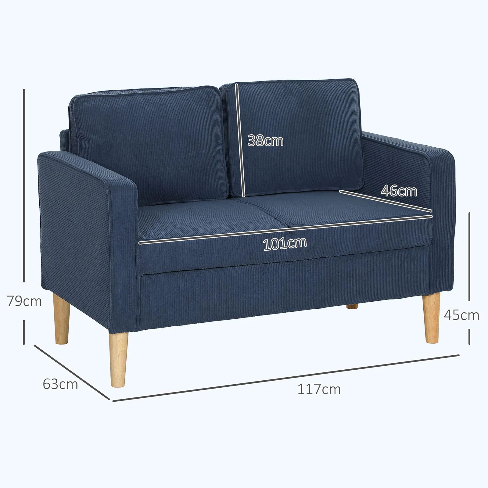 HOMCOM Compact 2 Seater Sofa with Under Seat Storage for Small Spaces in Blue 3