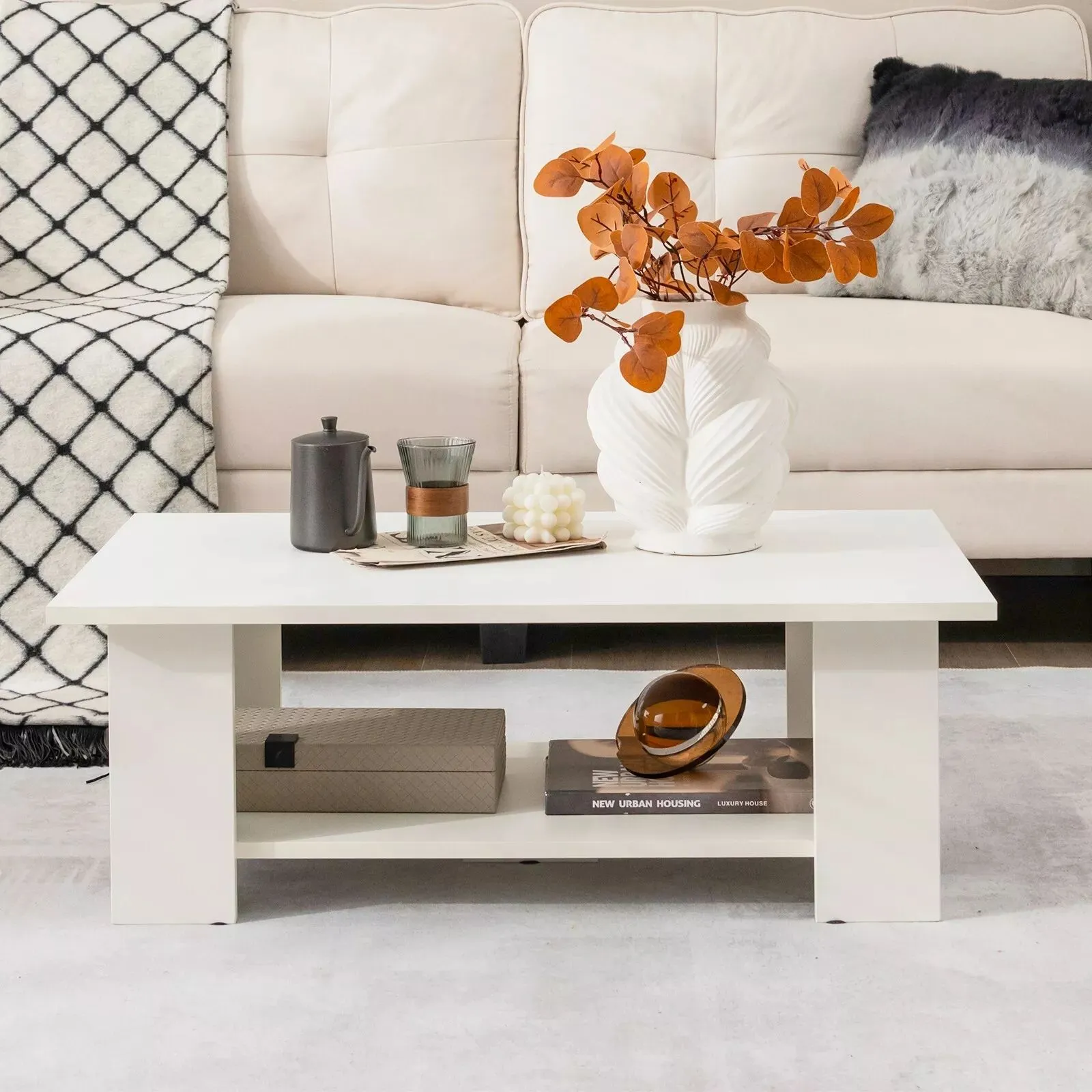 Costway 2-tier Modern Coffee Table Center Cocktail Table Wooden Accent Table in White 3