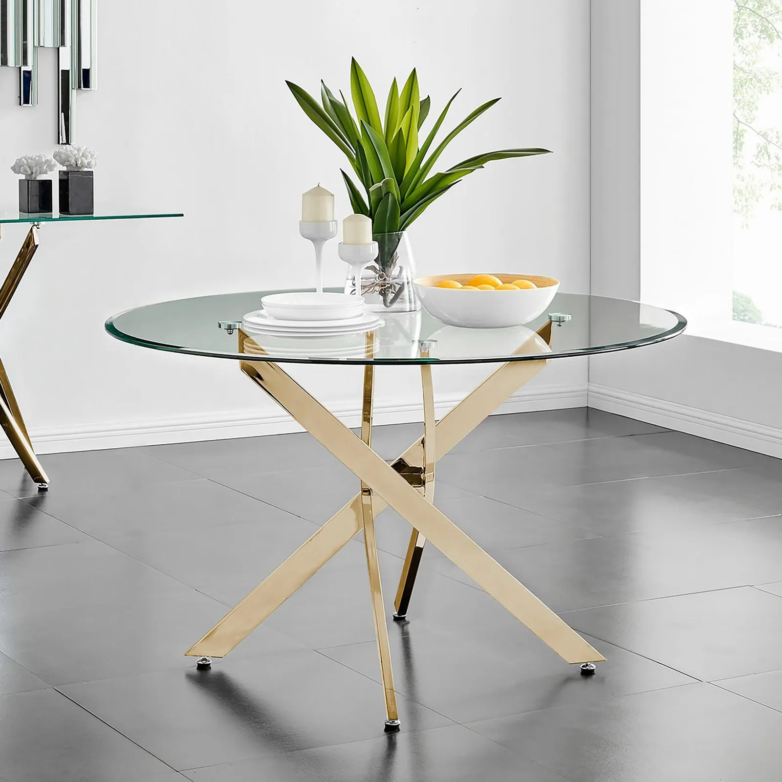 FurnitureboxUK Novara 120cm Round 6-Seater Glass & Metal Starburst Dining Table in Gold