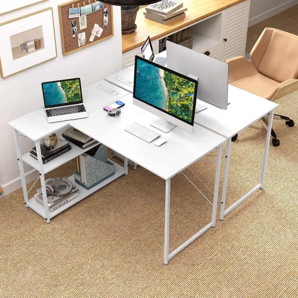 Costway L-shaped Computer Desk w/Power Outlet Workstation w/Reversible Shelves in White 4