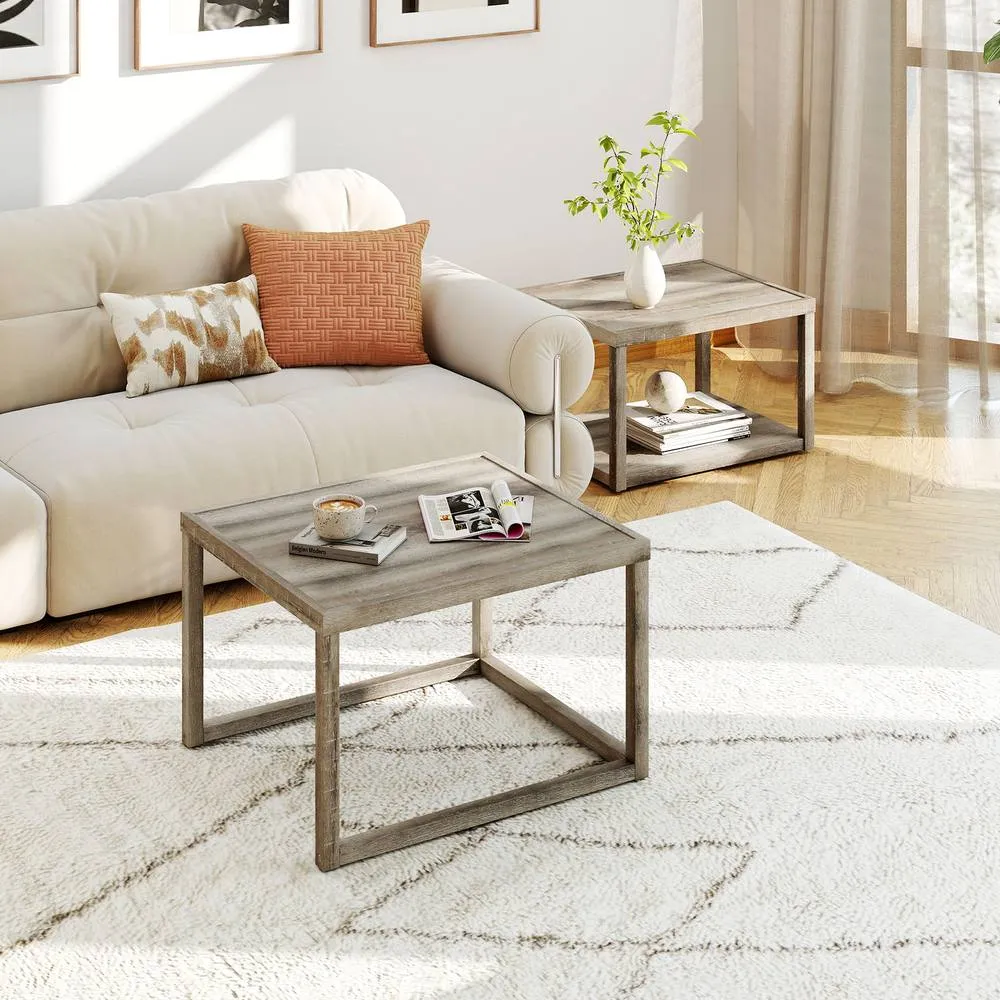 Costway Nesting Coffee Table Set of 2 Stackable Rectangular End Tables in Grey 4
