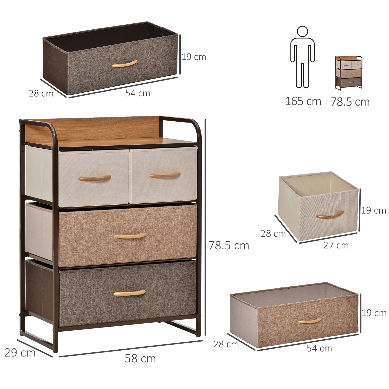 HOMCOM 4 Drawer Dresser Storage Tower with Steel Frame Wood Top for Bedroom in Brown 3
