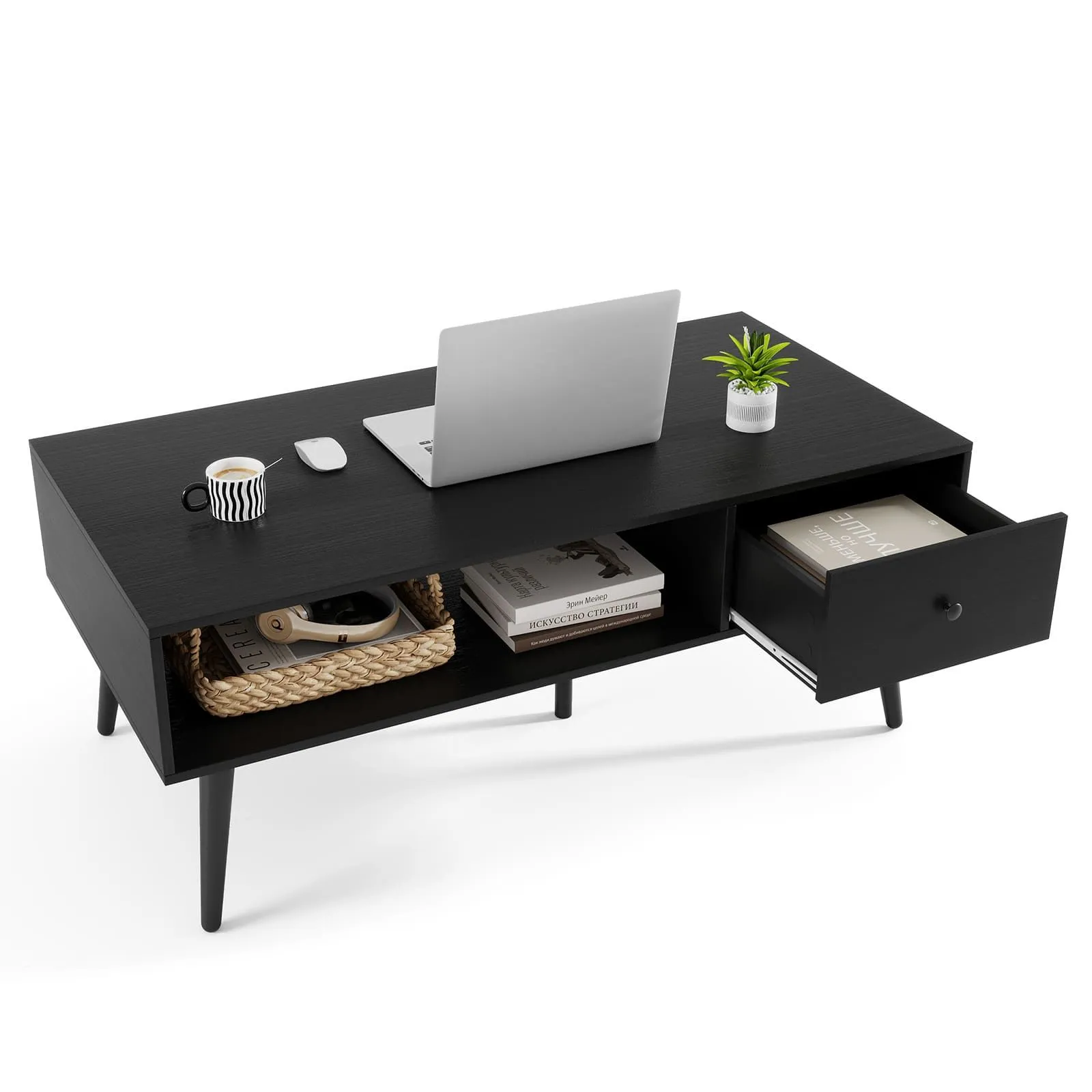 Costway 109 CM Rectangular Wooden TV Stand Entertainment Center w/Open Shelf in Black