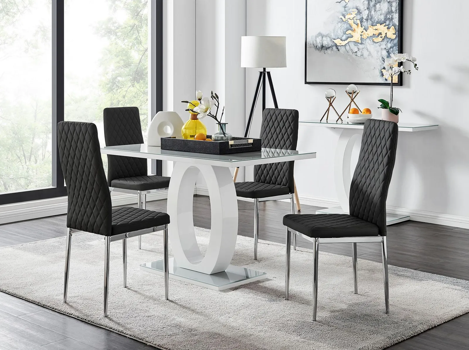 FurnitureboxUK Giovani Grey White Modern High Gloss & Glass Dining Table & 4 Milan Chairs Set in Black