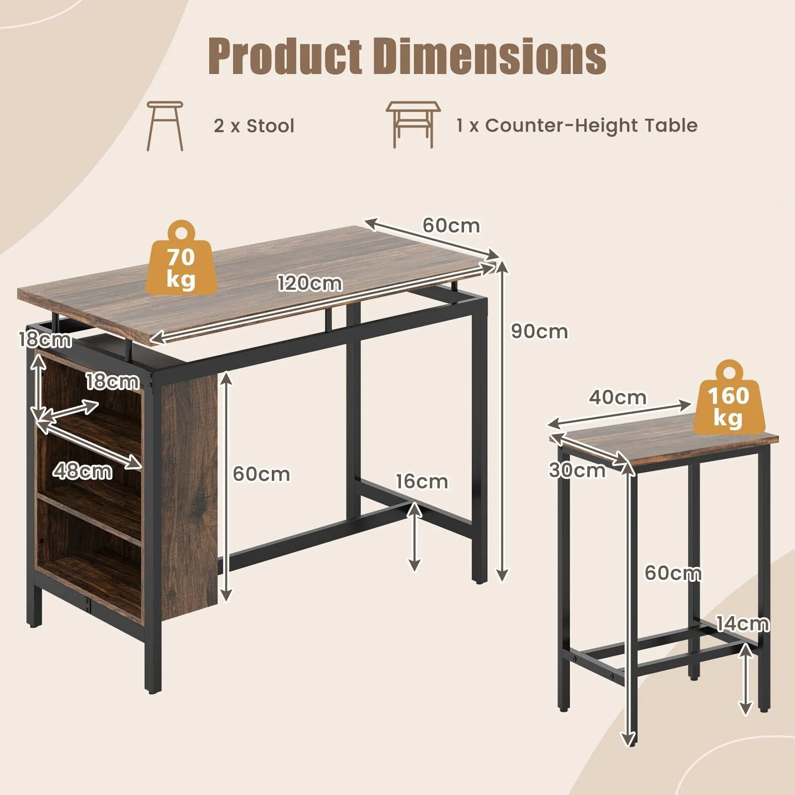 Costway 3Pcs Dining Table Set Counter-Height Dining Table & 2 Bar Stool in Brown 2