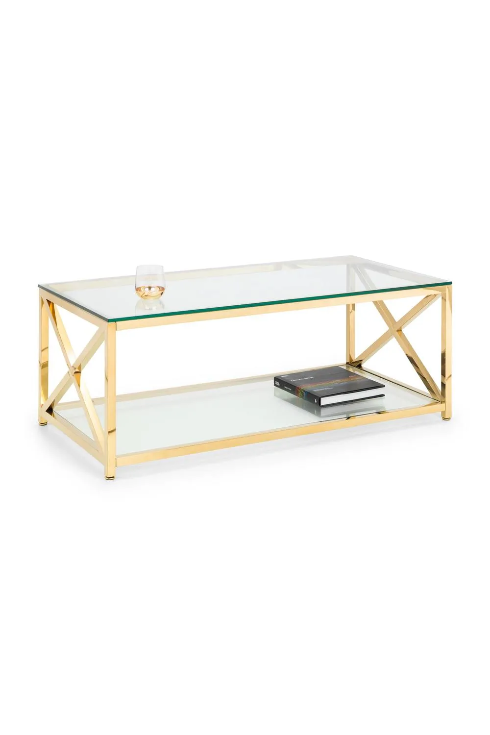 Julian Bowen Miami Glass Top Cross Frame Coffee Table with Shelf in Gold 3