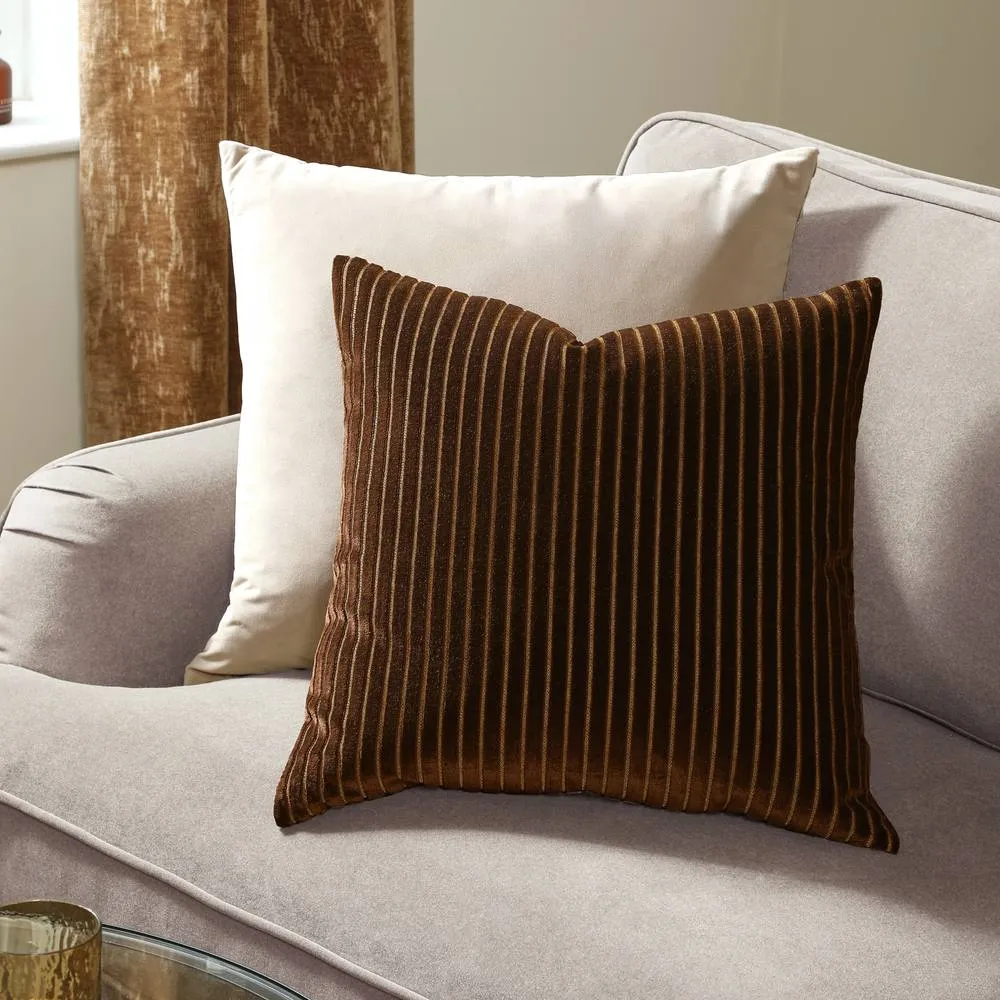 Paoletti Savoy Stripe Velvet Cushion Chocolate 50 X 50Cm, Brown