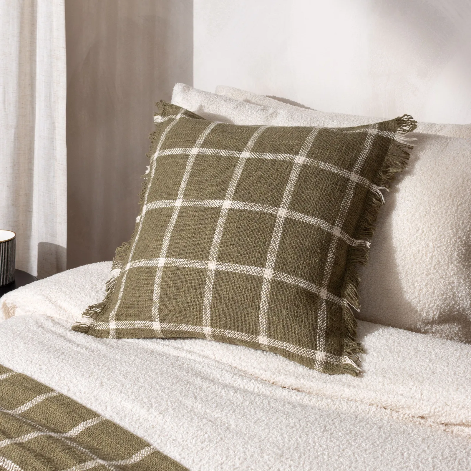 Yard Beni Check 100% Cotton Fringed Cushion in Green 1